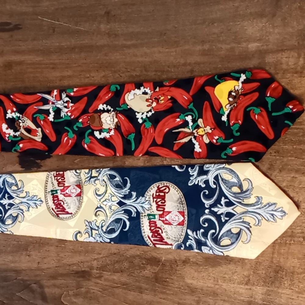 Set of 2 Neckties w Hot Pepper Theme/ Tabasco/Looney Tunes Mani
